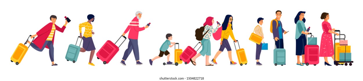 Travelers group. Tourists in line baggage and suitcases, men women and children in airport queue. Vector illustration flat colorful image hurrying happy people