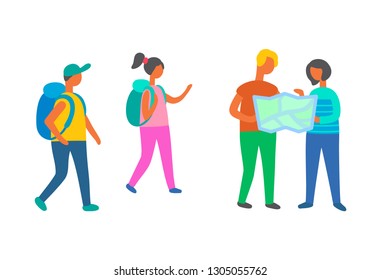Travelers group walking with map vector, people with bags on vacation, backpackers on adventures. Man and woman with atlas, couple family with children