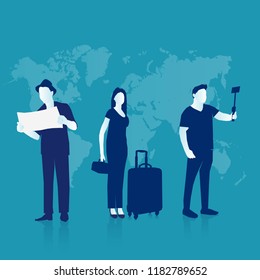 Travelers group. Young people ready to go on a trip or journey travel agency planning holiday or vacation for rest and education. Eps 10 Vector illustration with faceless characters minimalist design