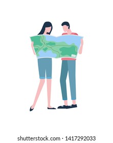 Travelers or hikers, couple with map, vacation or holidays vector. Man and woman exploring land or territory, geography and cartography, journey or trip