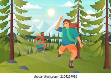 Travelers hiking in forest concept in flat cartoon design. Men hikers with backpacks run in green forest, summer camping outdoors, mountain tourism. Vector illustration with people scene background