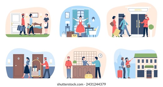 Travelers in hotel. Welcoming staff, room service and porter with luggage. Receptionist and cleaning. Tourism or business travel, recent vector scenes