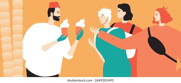 Travelers immersing themselves in local traditions, food markets in Turkey, Flat vector stock illustration as a concept Local Cultural Experiences with BIPOC people for sstkTravel