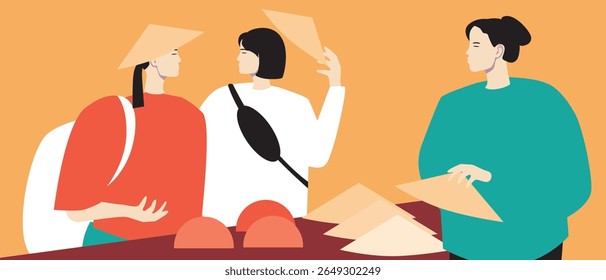 Travelers immersing themselves in local traditions during Asian travels, Flat vector stock illustration, Travelers friends get Local Cultural Experiences, buy nonla for sstkTravel