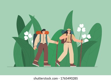 Travelers In The Jungle. People, Man And Woman Enjoy Large Green Leaves. Flat Style Vector Illustration. Concept Of Discovery, Exploration, Hiking, Adventure.