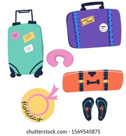 A traveler's kit. A travel suitcase. Luggage. Shale shale, hat, pillow for travel. Travel with a suitcase. Voyage. Vectorial Stoke illustration. On a white background.