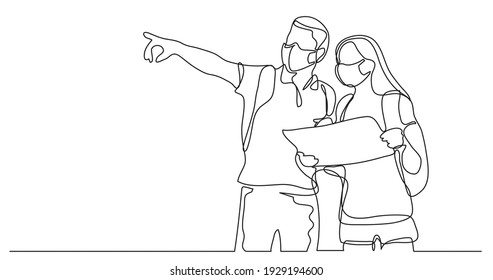 travelers learning map wearing face masks - continuous line drawing