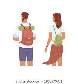 Travelers look into distance, man and woman with rucksacks back view, flat cartoon characters. Vector couple of tourists, young explorer travel together. Trekking people with backpacks, sleeping mat