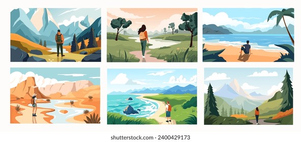 Travelers looking at scenery. Cartoon persons exploring nature and landscape, persons on vacation trip and hiking, summer vacation concept. Vector illustration. Tourists on camping