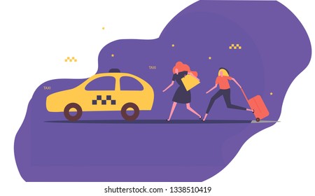 Travelers with luggage  catching a yellow taxi cab. Women, late passengers hurry to get a car, wave or call for taxicab with great haste. Vector flat style cartoon illustration