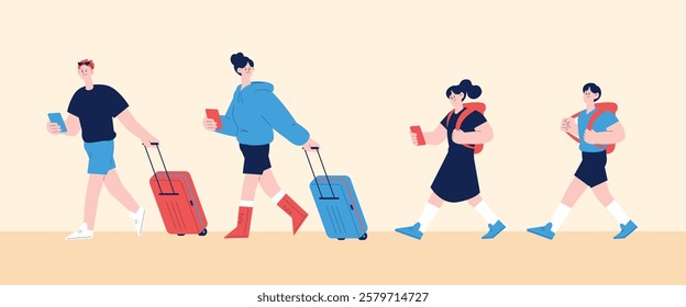 Travelers with Luggage. A family going on a trip. A person looking at a cell phone while walking.