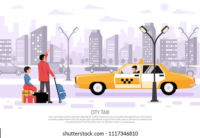 Travelers with luggage hailing yellow taxi car in city street flat composition cityscape background poster vector illustration 