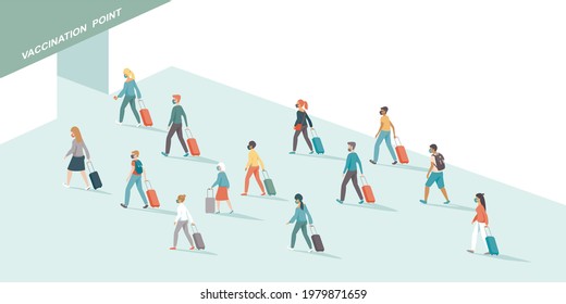 Travelers with luggage queued up for vaccination at Coronavirus vaccine center. Covid-19 treatment point. Immunization area. People ready to get an immunity pass to travel. Flat vector illustration