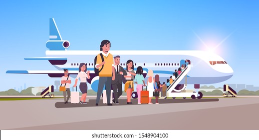 travelers with luggage standing line queue going to plane passengers climbing the ladder to board aircraft boarding travel concept flat horizontal vector illustration