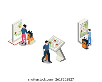 travelers with luggage using interactive city maps on information kiosks and wall-mounted displays to navigate their way 3d isometric vector
