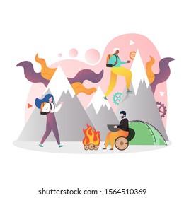 Travelers male and female characters with backpacks hiking, cooking meal on fire, vector illustration. Trekking, mountain tourism, expedition concept for web banner, website page etc.