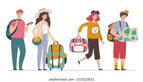 Travelers man woman people characters waiting in line cocnept. Vector flat graphic design illustration