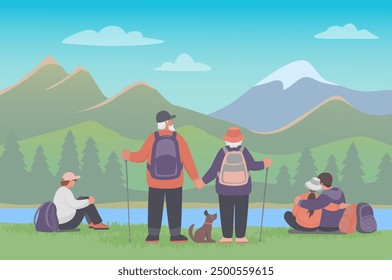 Los viajeros hombres y mujeres con perro disfrutan de la naturaleza. Paisaje con montañas, lago y bosque. Ilustración de color de Vector en estilo plano.