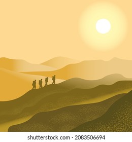 Travelers in the mountains, climbing a group of climbers. Vector illustration of adventure tourism and travel, discoveries, research, hiking.