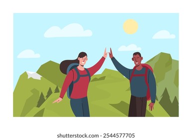 Viajeros en montañas. Hombre y mujer con mochilas al aire libre. Estilo de vida activo. Senderismo y camping. Turistas en la naturaleza salvaje. Ilustración vectorial plana aislada sobre fondo blanco