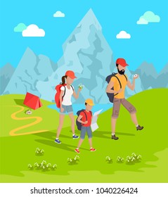 Travelers and mountains, woman with flowers, boy holding map, man looking at compass, mountains and travelling people isolated on vector illustration