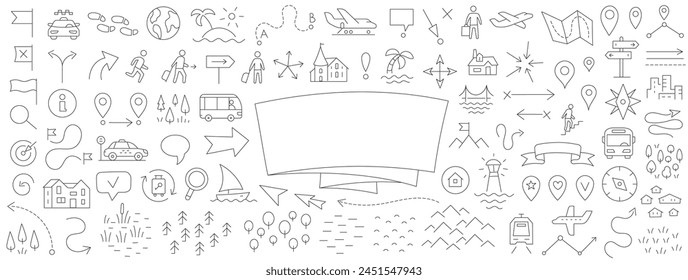 Travelers notes. Map set doodle background. Horizontal slider banner. Hand drawn. Vector editable outline stroke. Copy space.