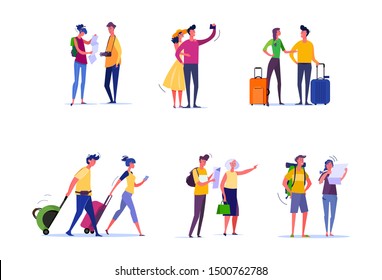 Travelers and passengers set. Tourists taking selfie, walking, carrying luggage, consulting map. People concept. Vector illustration for topics like activity, leisure, tourism
