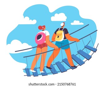 Travelers passing wooden bridges, scenic landscape and summer traveling. Exploring world and new tropical countries. Walkway and road, adventure and wanderlust. Vector in flat style illustration