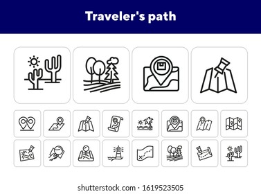 Traveler's path icons. Set of line icons. Forest, itinerary line, relocation. Travelling concept. Vector illustration can be used for topics like travelling, journey