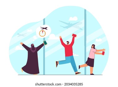 Travelers with plane tickets running late for departure. Muslim and European characters missing flight in airport flat vector illustration. Traveling, transportation concept for banner, website design