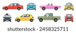 Travelers in private cars. People in cars side and front view, various types transport, pickup truck, convertible and taxi, happy drivers, cartoon flat style isolated tidy vector set