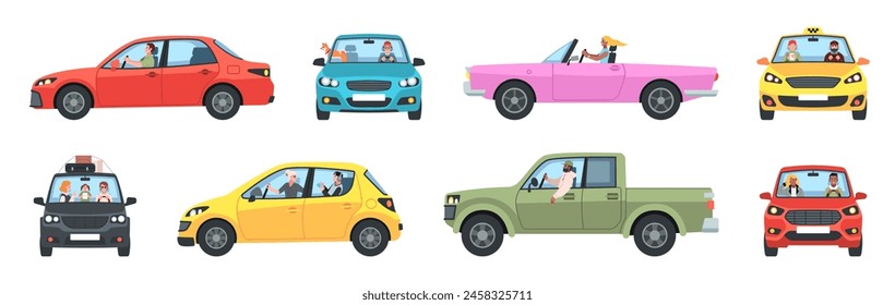 Travelers in private cars. People in cars side and front view, various types transport, pickup truck, convertible and taxi, happy drivers, cartoon flat style isolated tidy vector set