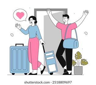 Los viajeros regresan a casa. Hombre y mujer con equipaje de pie cerca de la entrada al apartamento. Fin de vacaciones y vacaciones. Turistas regresados a casa. Ilustración vectorial lineal aislada sobre fondo blanco