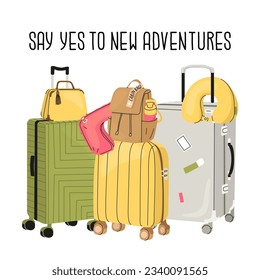 Travelers set. Suitcases, backpack, hat and headbands for the plane. Say yes to new adventures phrase. Travel concept with kids. Vector illustration isolated. Vacation postcard design.