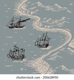 Travelers ships sailing to discover new lands engraving style hand drawn vector illustration