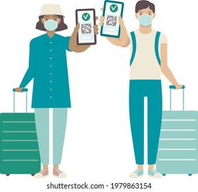 Travelers showing health passport on a mobile phone, which indicates a vaccination against covid-19. Valid digital  certificate with qr code. Immunity pass. Flat vector illustration