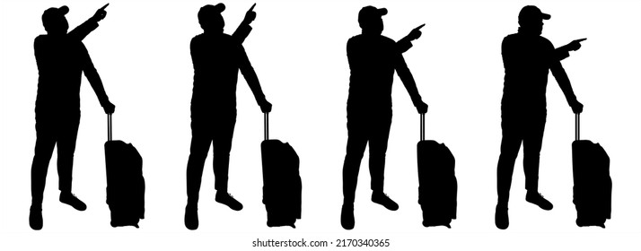 Travelers stand in one line and point with their hands at something. Tourist with a suitcase on wheels. The guy in the cap, with luggage on wheels. Confused tourist. Finding the right direction.