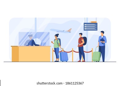 Travelers standing in queue for flight registration. Baggage, line, ticket flat vector illustration. Airlines and traveling concept for banner, website design or landing web page