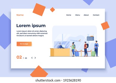 Travelers standing in queue for flight registration. Baggage, line, ticket flat vector illustration. Airlines and traveling concept for banner, website design or landing web page