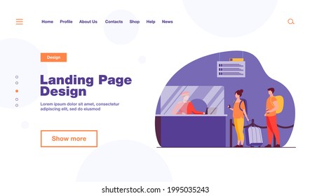 Travelers standing in queue for flight registration. Baggage, line, ticket flat vector illustration. Airlines and traveling concept for banner, website design or landing web page