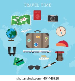 Traveler's suitcase, camera, passport, compass and binoculars, travel concept