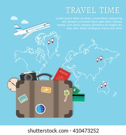 Traveler's suitcase, camera, passport, compass and binoculars, travel concept