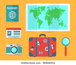 Traveler's suitcase, earth map, passports, Travel and vacations concept