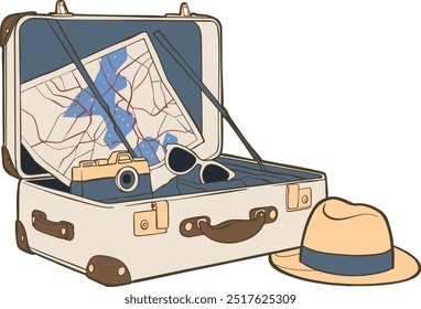 travelers suitcase map sunglasses hat 