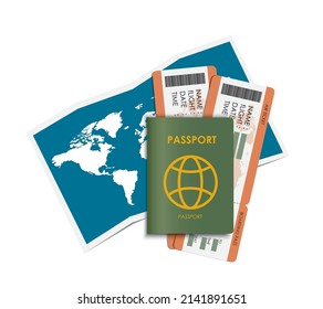 Traveler's suitcase, world map, passports, ticket, Travel and vacations concept eps10