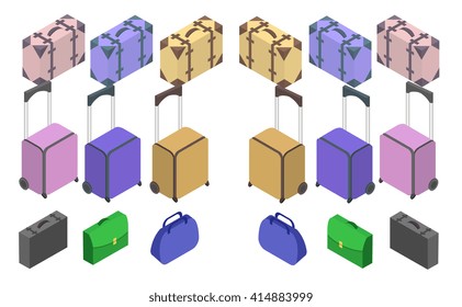 Travelers suitcases. The objects are isolated against the white background. Flat 3d Vector isometric illustration. Travel bags, handbags, vector isometric illustration.