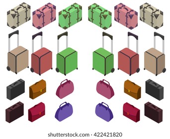 Travelers suitcases. The objects are isolated against the white background. Flat 3d Vector isometric illustration. Travel bags, handbags, vector isometric illustration.