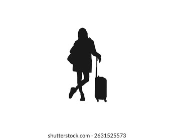 Travelers with suitcases silhouettes vector. Traveler with Travel Suitcase icon vector. Vector drawing travelers with suitcases. Black silhouettes travelers with suitcases on white background.