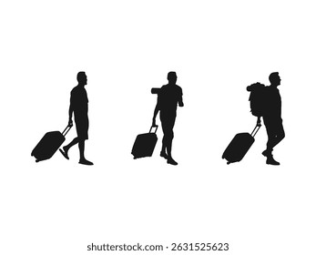 Travelers with suitcases silhouettes vector. Traveler with Travel Suitcase icon vector. Vector drawing travelers with suitcases. Black silhouettes travelers with suitcases on white background.