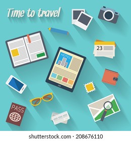 Traveler's table with digital tablet, smartphone,guidebook, photo, map with magnifier, pen, glasses, passport  and various  objects. Travel and tourism flat icons set. Vector illustration.